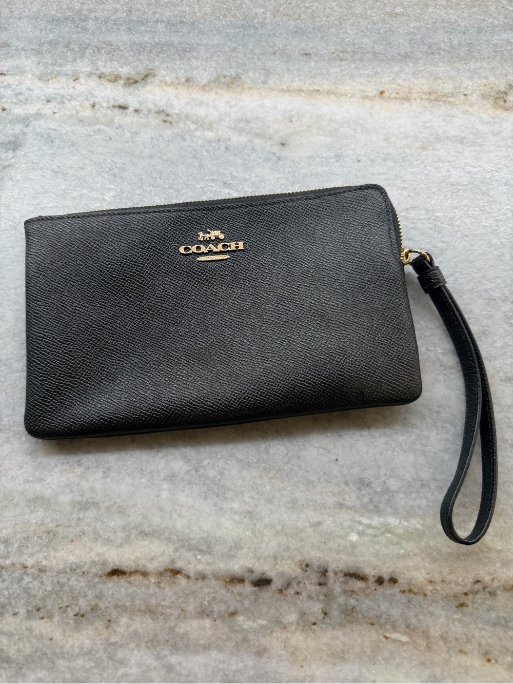 Coach Black Leather Wristlet with Gold Logo